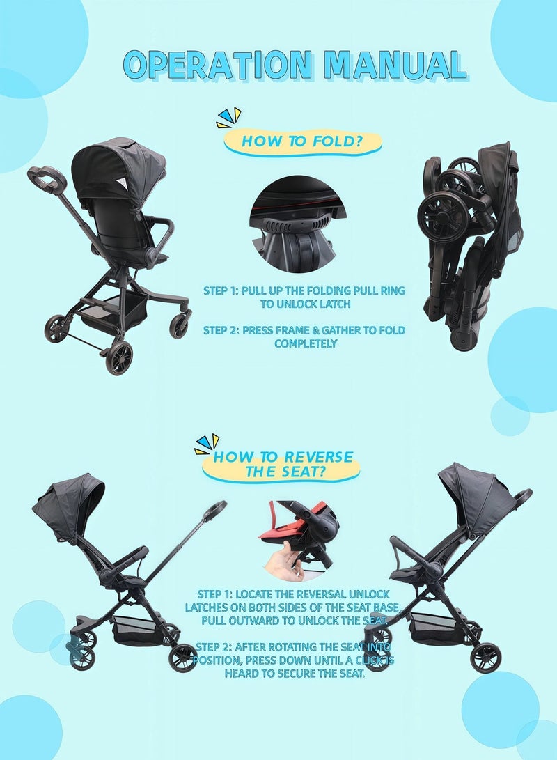 EASY FUTURE Two-way Foldable Ultra Lightweight Travel Stroller with Multi Position Reclining Seat Adjustable Canopy Foldable Storage Basket Foldable Gear for Airplane NO.1101 - Image 4